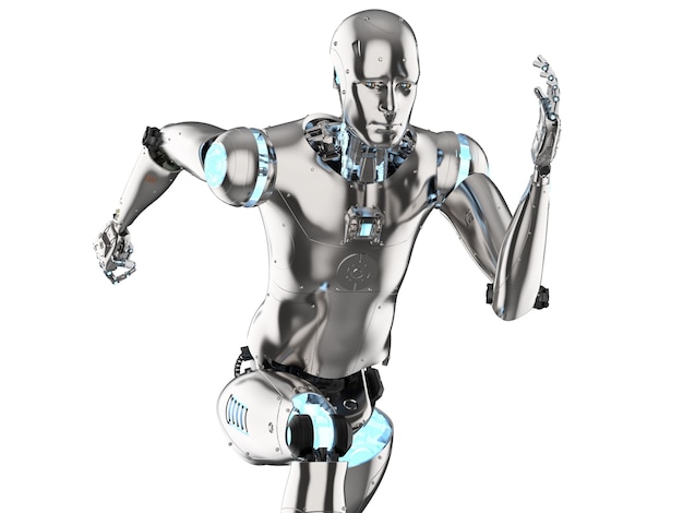 3d rendering humanoid robot running on white background