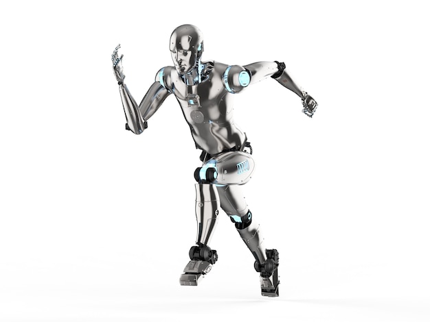 3d rendering humanoid robot running on white background