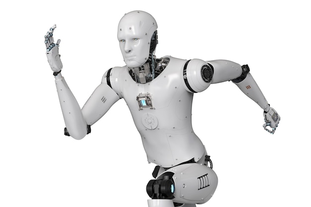 3d rendering humanoid robot running on white background