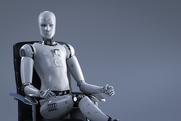 3d rendering humanoid robot sit on office chair