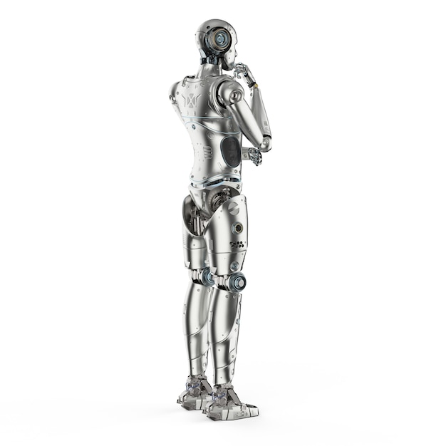 3d rendering humanoid robot thinking on white background