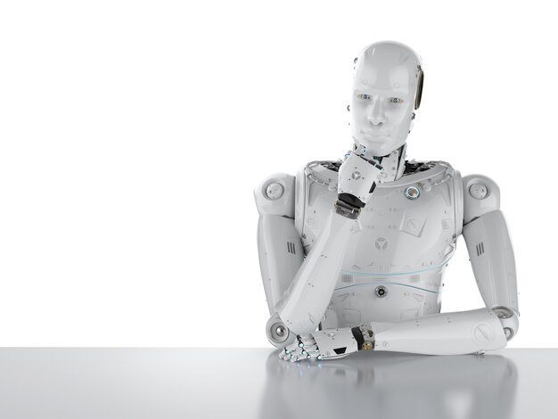 3d rendering humanoid robot thinking on white background