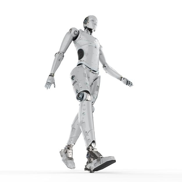 흰색 배경에 3d 렌더링 인간형 로봇 도보