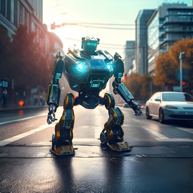 3d rendering humanoid robot walking on the street in city at sunset