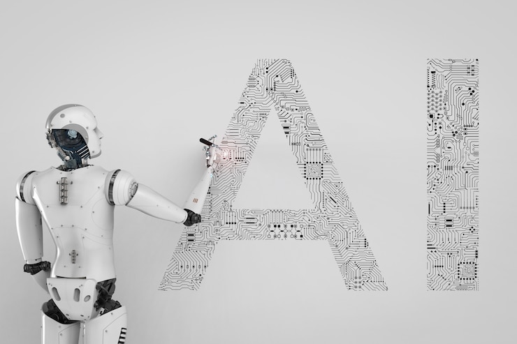 Фотография 3d-рендеринг робота-гуманоида с текстом ai в шаблоне схемы