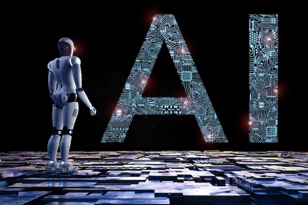 Photo 3d rendering humanoid robot with ai text in ciucuit pattern