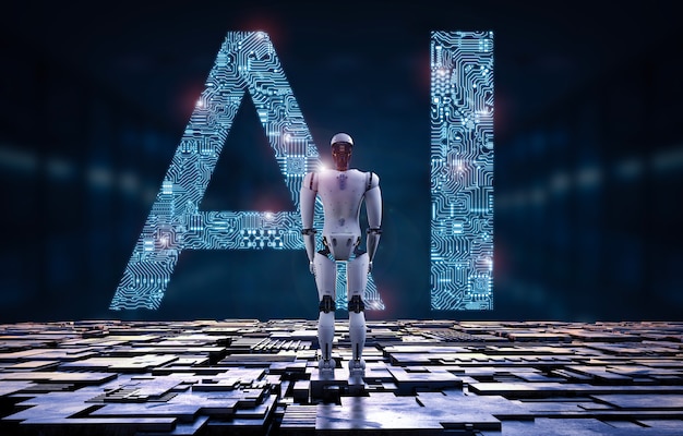 Photo 3d rendering humanoid robot with ai text in ciucuit pattern