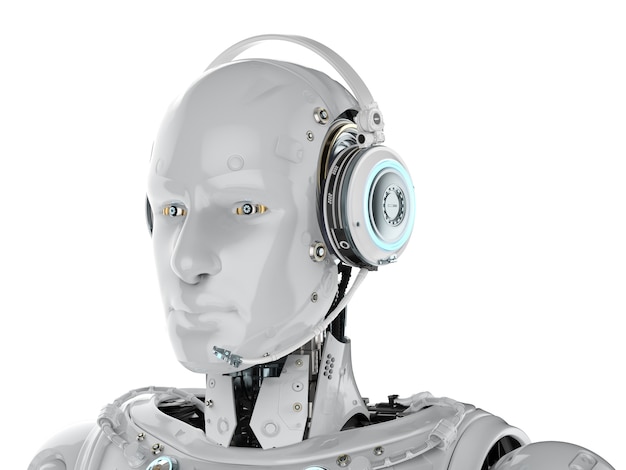 3d rendering humanoid robot with headset on white background