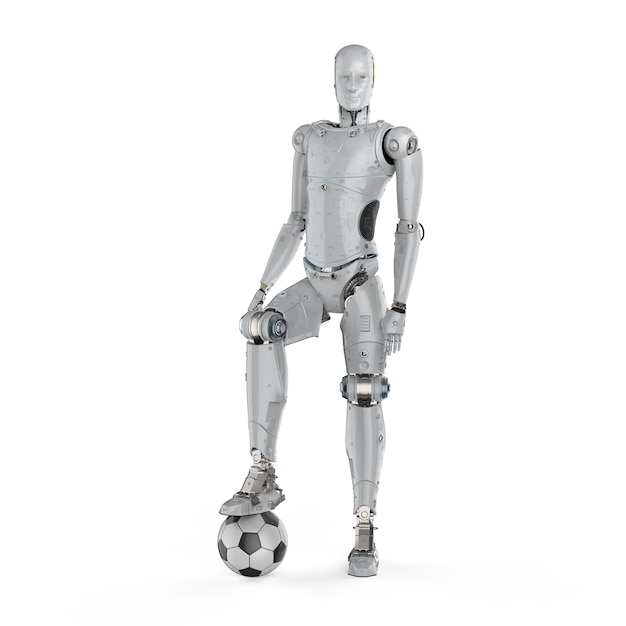 3d рендеринг робота-гуманоида с футбольным мячом