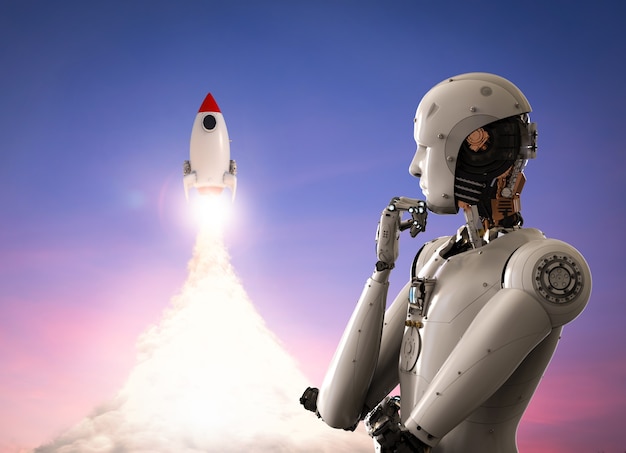 Foto robot umanoide di rendering 3d con lancio dello space shuttle