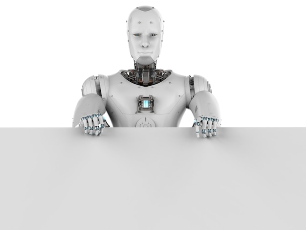 Foto rendering 3d robot umanoide con carta bianca bianca