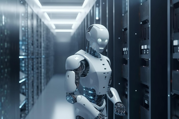 3D-рендеринг робота-гуманоида, работающего в комнате центра обработки данных или серверной комнате
