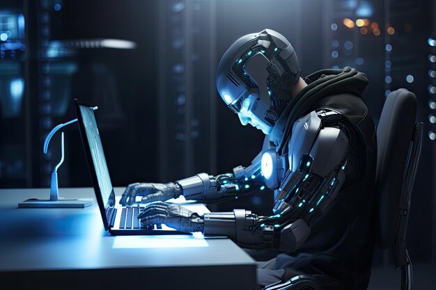 3d rendering humanoid robot working on laptop computer in dark room at night 3d rendering humanoid robot working with a computer in a office AI robot programming on a personal computer AI Generated