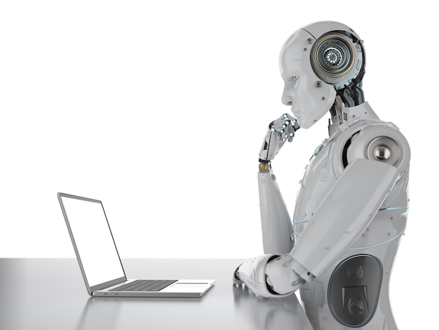 3D レンダリングのヒューマノイドロボットがラップトップで作業