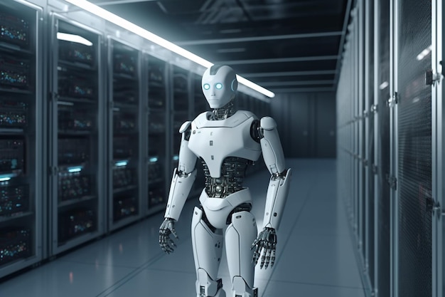 3d rendering humanoid robot working in the server room or datacenter