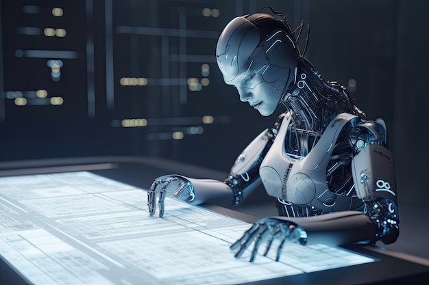 3d rendering humanoid robot working on a technical blueprint of a building Futuristic AI robot mechanical engineer working AI Generated