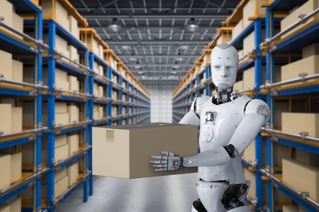 3d rendering humanoid robots carry boxes in warehouse