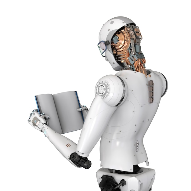 Foto 3d-rendering humanoïde robot die een boek leest dat op wit wordt geïsoleerd