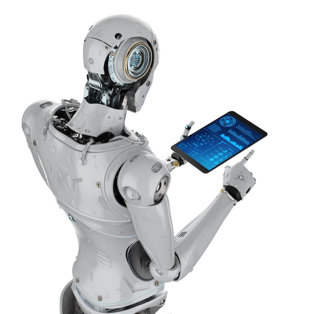 3d-rendering humanoïde robot die werkt met digitale tablet