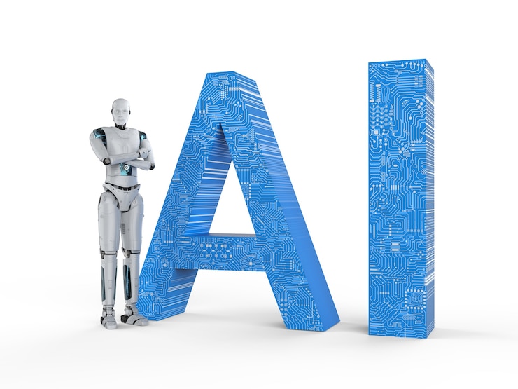 Foto 3d-rendering humanoïde robot met ai-tekst in circuitpatroon