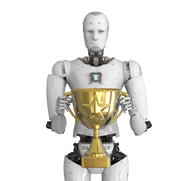 3D-rendering humanoïde robot met gouden trofee