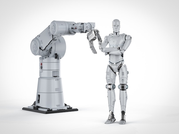 3D-rendering humanoïde robot met robotarm