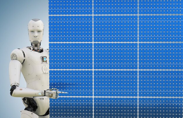 3D-rendering humanoïde robot met zonnepaneel op blauwe achtergrond