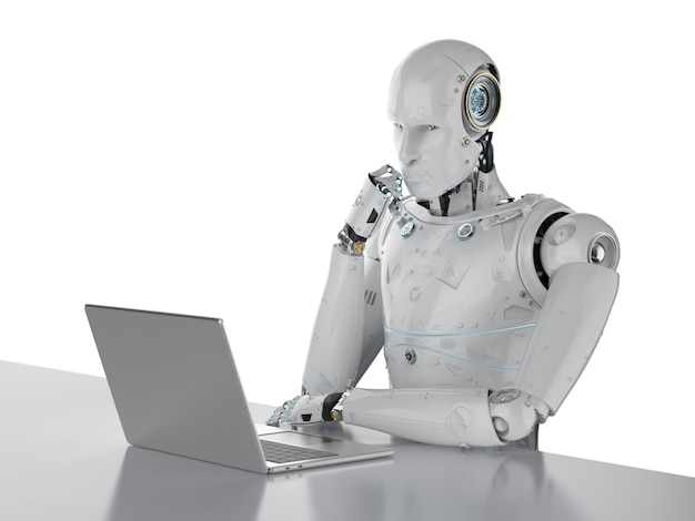 3D rendering humanoïde robot werken op laptop computer