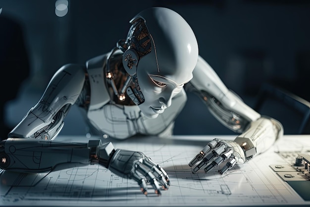 3D-rendering humanoïde robot werkt aan blauwdruk 's nachts in kantoor Futuristische Ai-robotingenieur werkt met blauwdruk AI gegenereerd