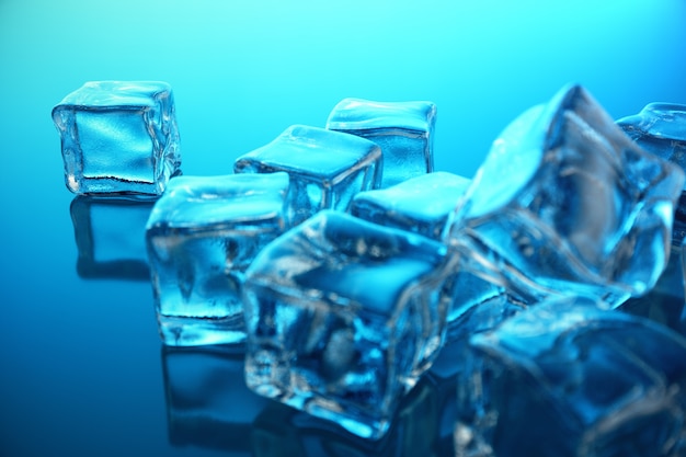 3D rendering ice cube on blue tint background. Frozen water cube