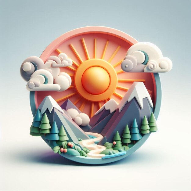 Foto icona di rendering 3d di forme di sole e nuvole di montagna