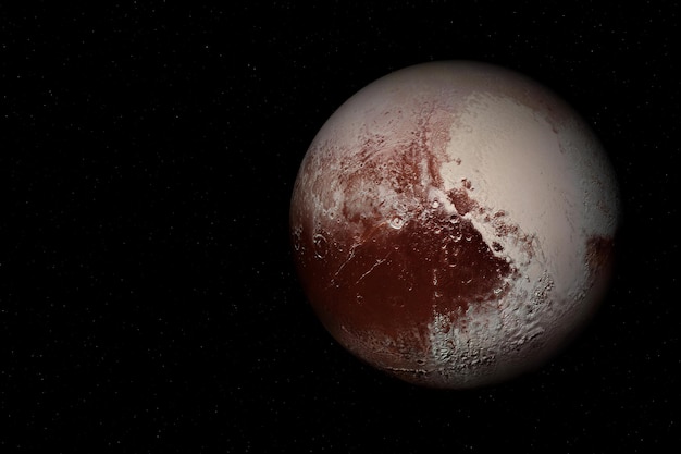 3D rendering of the icy dwarf planet Pluto located in the Kuiper belt beyond the orbit of Neptune