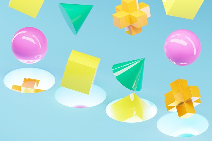 Photo 3d 렌더링 이상적인 모양 다채로운 부피 형상 파란색 배경에 포털에 떨어지는 미래의 에너지 개념