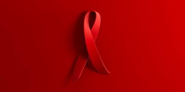 3D rendering illustratie Aids hiv Awareness World Day concept met rood lint hart vorm kopie ruimte tekst Schone minimalistische rode banner achtergrond