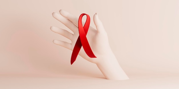 3D-rendering illustratie banner cartoon vrouw handen met rood lint geïsoleerd op pastel achtergrond met kopie ruimte Wereld Aidsdag met hiv bewustzijn concept