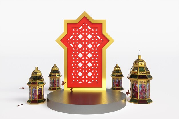 3D rendering illustratie Een rood en goud display met een rode deur en een kleine rode lantaarn