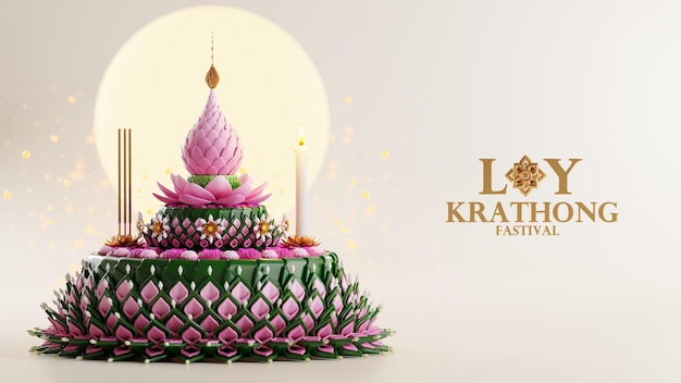 3D-rendering illustratie Loy Krathong festival en Yi Peng festival in thailand krathong van bananenbladeren bloemen kaarsen en wierookstokjes volle maan rivier en nacht achtergrondkleur