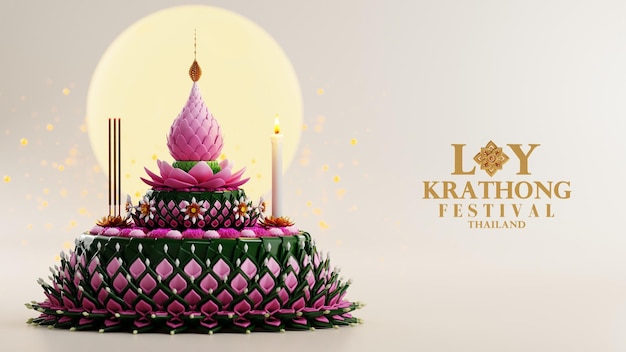 3D-rendering illustratie Loy Krathong festival en Yi Peng festival in thailand krathong van bananenbladeren bloemen kaarsen en wierookstokjes volle maan rivier en nacht achtergrondkleur
