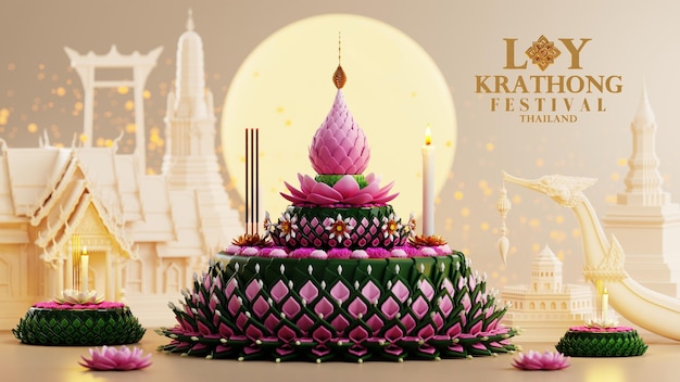 3D-rendering illustratie Loy Krathong festival en Yi Peng festival in thailand krathong van bananenbladeren bloemen kaarsen en wierookstokjes volle maan rivier en nacht achtergrondkleur