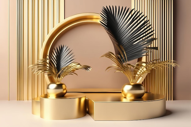 Foto 3d-rendering illustratie luxe wit en goud voetstuk met gouden palmbladeren ai gegenereerd