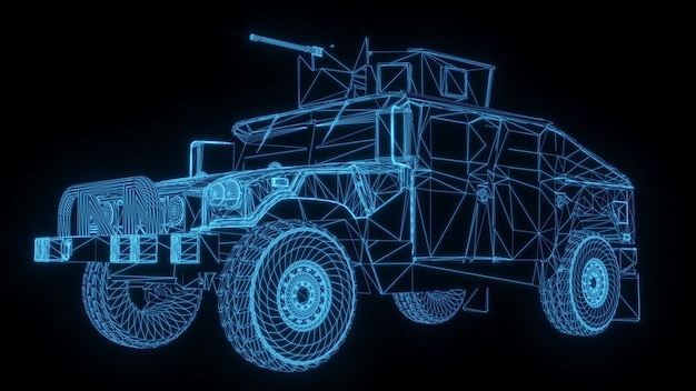 3D rendering illustratie militaire vrachtwagen blauwdruk gloeiende neon hologram futuristische showtechnologie