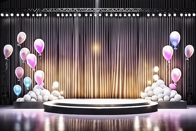 3D-rendering illustratie modern Leeg concertpodium met ballonnen licht Ontwerp AI gegenereerd