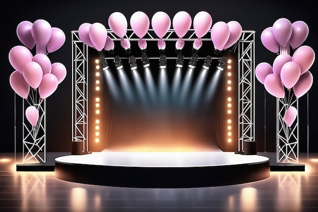 3d-rendering illustratie modern Leeg concertpodium met ballonnen licht Ontwerp AI gegenereerd