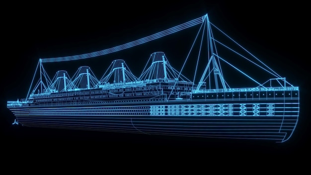 3D rendering illustratie schip blauwdruk gloeiende neon hologram futuristische show technologie beveiliging