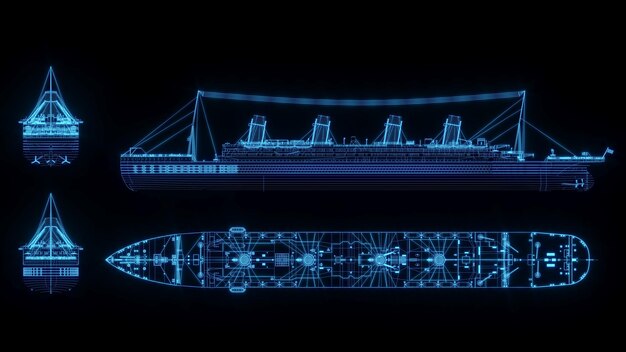 3D rendering illustratie schip blauwdruk gloeiende neon hologram futuristische show technologie beveiliging