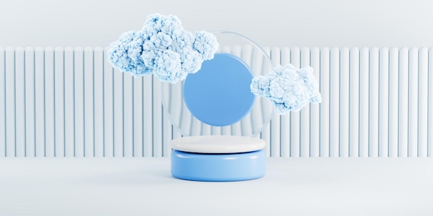 3D-rendering illustratie van dromerige blauwe wolken en podium voor reclameproducten of presentatie