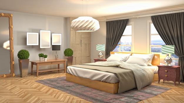 3D-rendering illustratie van een slaapkamer interieur