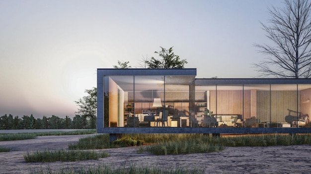 3D-rendering illustratie van modern huis met natuurlijk landschap