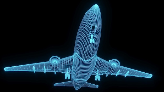 3D rendering illustratie vliegtuig blauwdruk gloeiende neon hologram futuristische show technologie secur