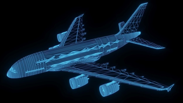 3D-rendering illustratie vliegtuig blauwdruk gloeiende neon hologram futuristische show technologie